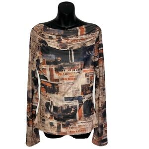 STYLEWE Ruched Boat Neck Mesh Sleeve Blouse in Brown Black Orange and Blues